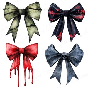 May include: Four watercolor bows in a spooky theme. One is olive green with black stitching, another is black with red splatters, a third is red with dripping accents, and the last is gray with a skull in the center.