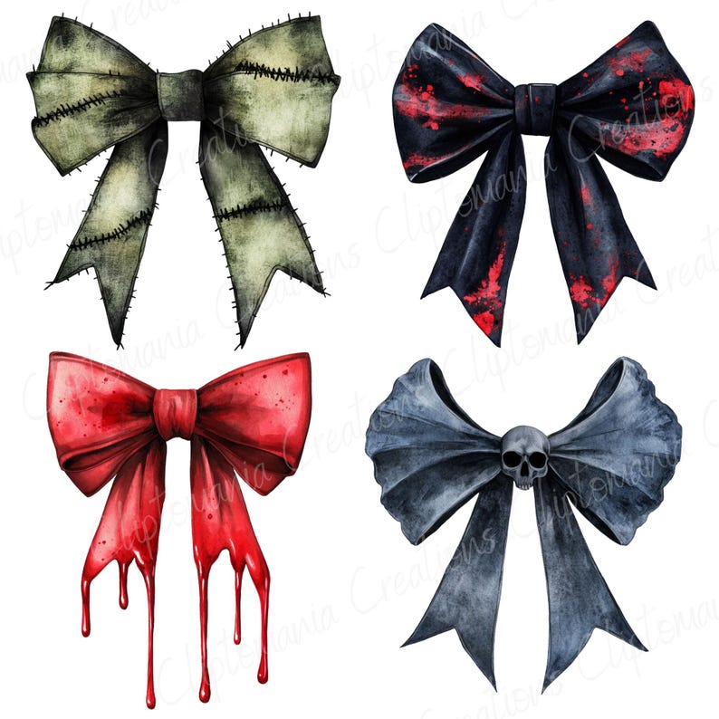 May include: Four watercolor bows in a spooky theme. One is olive green with black stitching, another is black with red splatters, a third is red with dripping accents, and the last is gray with a skull in the center.