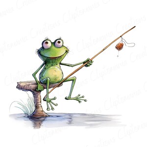 May include: A green frog sits on a brown mushroom-shaped rock, holding a fishing rod with a cork bobber. The frog is smiling and has large, round eyes. The scene is set against a white background.