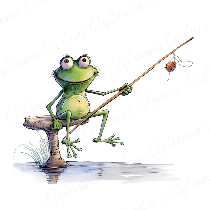 May include: A green frog sits on a brown mushroom-shaped rock, holding a fishing rod with a cork bobber. The frog is smiling and has large, round eyes. The scene is set against a white background.