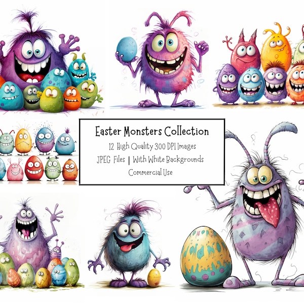 Cute And Funny Easter Monster Clipart Bundle | 12 High Quality JPEG Illustrations With White Backgrounds | Commercial Use | Digital Crafting