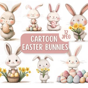 Lindo paquete de imágenes prediseñadas de conejito de Pascua de dibujos animados 12 JPEG / Manualidades de Pascua / Fabricación de tarjetas / Conejito de Pascua caprichoso / Uso comercial / Manualidades digitales