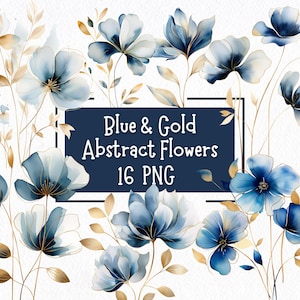 16 Blau & Gold abstrakte Blumen PNG Bundle | Aquarell Wildblumen | Kommerzielle Nutzung | Botanische PNG | Karten- Und Einladungsdesigns