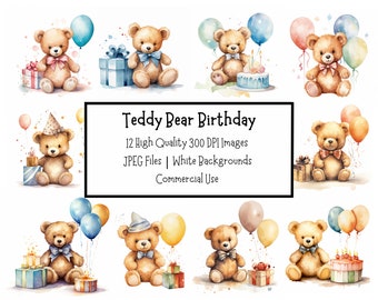 Teddy Bär Geburtstag Clipart Bundle | 12 hochwertige JPEG mit Hintergründen | Kartengestaltung | Digitales Papiermodell | Geburtstags-Einladung Kunst