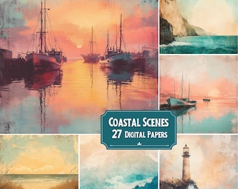 Küstenszenen Digitale Papiere, Aquarell Meer, Strand, Klippen, Boote, Papier für Scrapbooking Handwerk & Junk Journaling