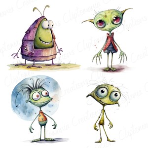 May include: Four watercolor illustrations of green alien-like creatures with large eyes and different expressions. The creatures are drawn in a whimsical style with a cartoonish feel.