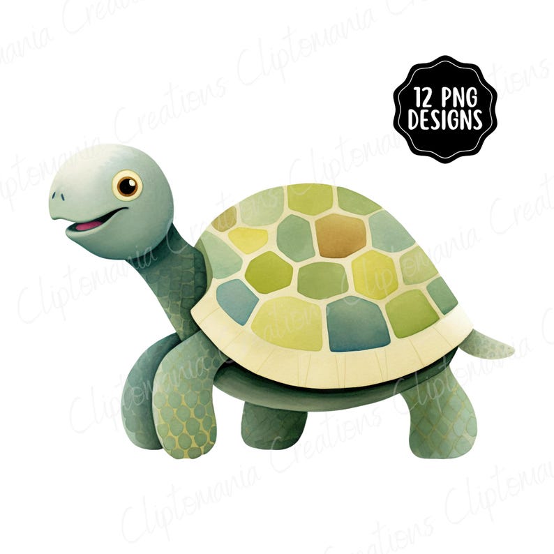 Cute Watercolour Turtle PNG Clipart Bundle, Cute Ocean Animals for Baby Shower, Nursery Prints & Digital Crafts, Cute Tortoise PNG image 3
