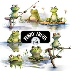 Quirky And Funny Frog Clipart Bundle 12 PNG | Commercial Use | Digital Download | Junk Journal | Card Making Designs | Cute Cartoon Frog image 1