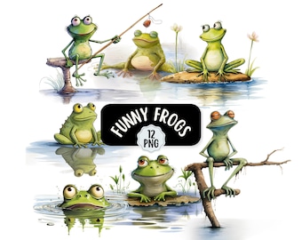 Paquete de imágenes prediseñadas de ranas divertidas y originales (12 imágenes PNG) / Uso comercial / Descarga digital / Para diario creativo / Diseños para tarjetas / Rana de dibujos animados adorable