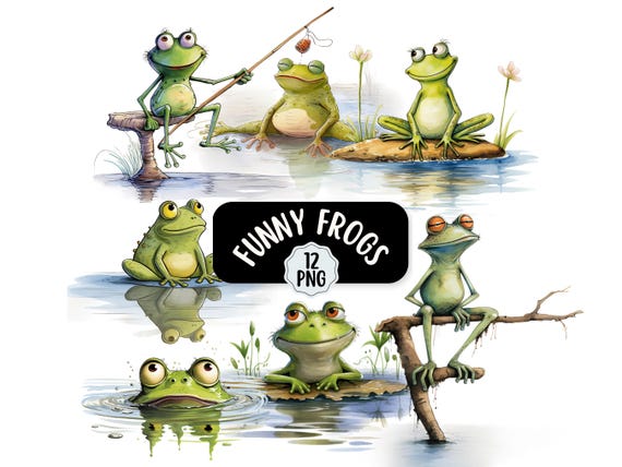 Quirky And Funny Frog Clipart Bundle 12 PNG | Commercial Use | Digital Download | Junk Journal | Card Making Designs | Cute Cartoon Frog