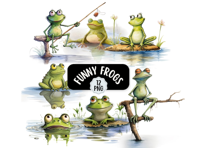 Quirky And Funny Frog Clipart Bundle 12 PNG | Commercial Use | Digital Download | Junk Journal | Card Making Designs | Cute Cartoon Frog image 1