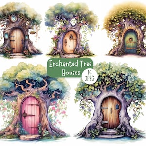 Enchanted Tree House Clipart Bundle JPEG, Whimsical Fairy Tree Houses, Cottagecore Forest Clipart Set, Magical Trees