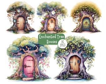 Enchanted Tree House Clipart Bundle JPEG, Whimsical Fairy Tree Houses, Cottagecore Forest Clipart Set, Magical Trees