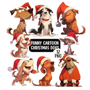 Rolig julhund Clipart-paket | Söta tecknade hundar udda 12 PNG | Festliga husdjur