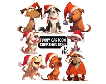 Paquete de imágenes prediseñadas de perros navideños divertidos / 12 perros de dibujos animados lindos y peculiares / Perros festivos