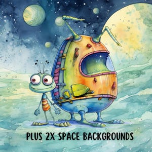 May include: A watercolor illustration of a green alien standing next to a yellow and blue spaceship. The spaceship has a large window and a green and yellow hatch. The background is a starry night sky with planets.