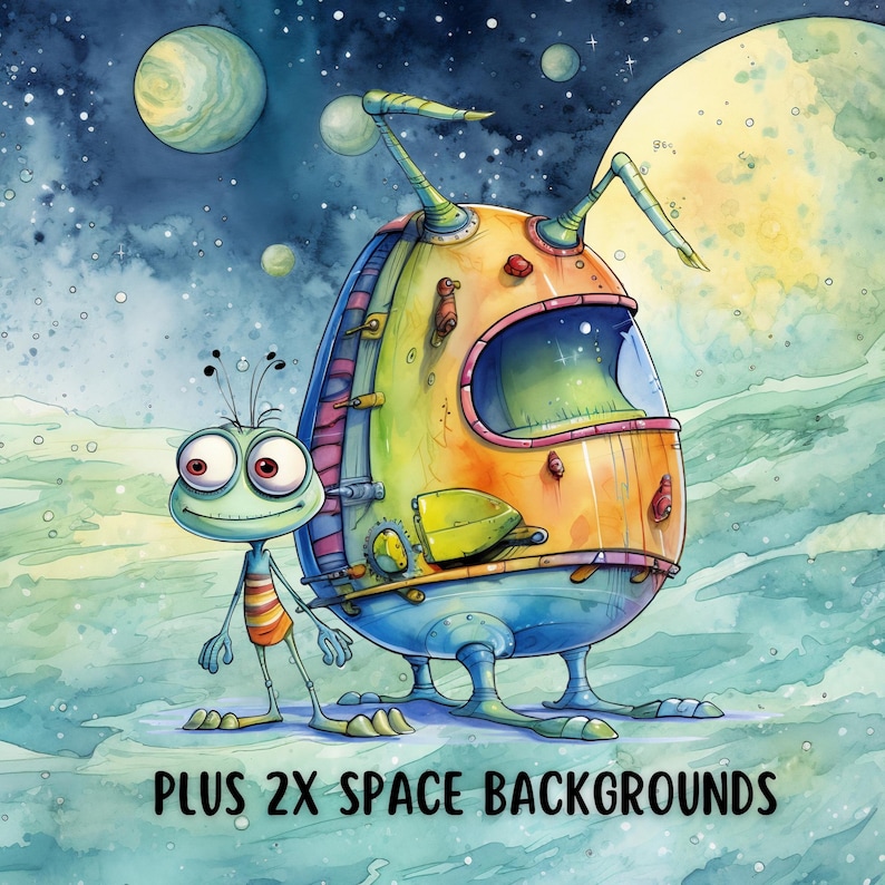 May include: A watercolor illustration of a green alien standing next to a yellow and blue spaceship. The spaceship has a large window and a green and yellow hatch. The background is a starry night sky with planets.