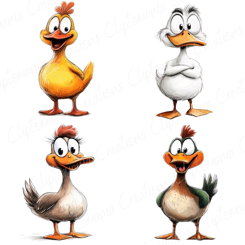 K&ouml;nnte beinhalten: Vier Comic-Enten in verschiedenen Posen. Eine gelbe Ente mit orangefarbenen F&uuml;&szlig;en, eine wei&szlig;e Ente mit orangefarbenen F&uuml;&szlig;en, eine braune Ente mit orangefarbenen F&uuml;&szlig;en und eine gr&uuml;ne Ente mit orangefarbenen F&uuml;&szlig;en.