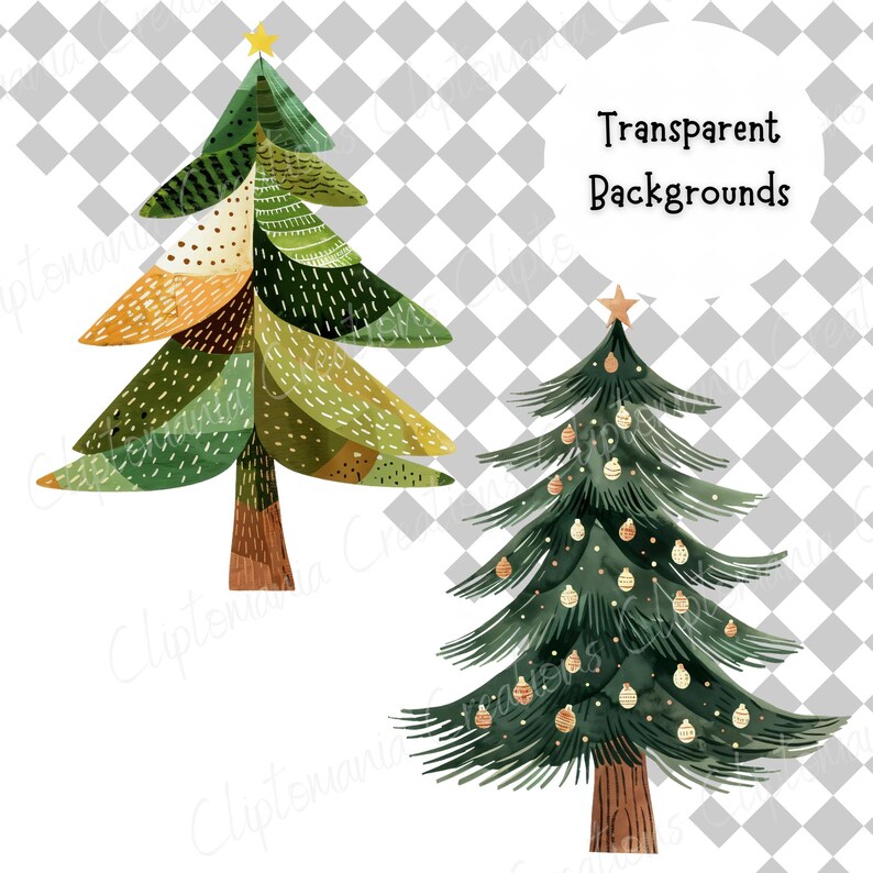 Süßer & schrulliger Weihnachtsbaum PNG Clipart Bundle, transparente Hintergründe, kommerzielle Nutzung, festliche Weihnachtskarten-Designs Bild 5