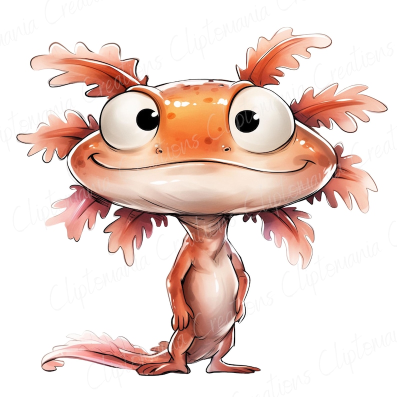 May include: A cartoon axolotl illustration with a large head, big eyes, and feathery gills. The axolotl is mainly orange with pink accents and a smiling expression. The image has a clean, white background.
