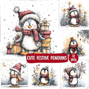May include: A collection of watercolor illustrations featuring cute penguins in festive winter attire. Each penguin wears a hat and scarf, surrounded by gifts and snowy backgrounds. The text "Cute Festive Penguins" is displayed.