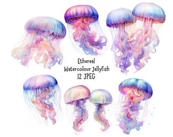 Pacchetto di clipart di meduse ad acquerello, 12 immagini JPEG, clipart oceaniche, uso commerciale, download digitale di vita marina, scrapbooking digitale