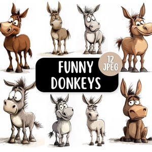 Lustige Esel Clipart Bundle 12 JPEG's | Lustige Bauernhof Tiere Clipart | Kartengestaltung Designs | Witzige Esel Cartoon | Aquarell Tier Clipart