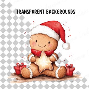 Puede incluir: Ilustraci&oacute;n en acuarela de un hombre de jengibre con gorro y bufanda rojos, sosteniendo una galleta en forma de estrella. Dos cajas de regalo rojas a cada lado. El texto "TRANSPARENT BACKGROUNDS" est&aacute; en la parte superior.