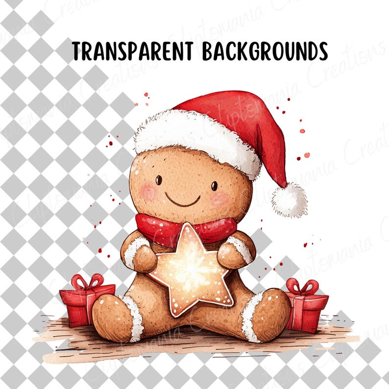 Puede incluir: Ilustraci&oacute;n en acuarela de un hombre de jengibre con gorro y bufanda rojos, sosteniendo una galleta en forma de estrella. Dos cajas de regalo rojas a cada lado. El texto "TRANSPARENT BACKGROUNDS" est&aacute; en la parte superior.