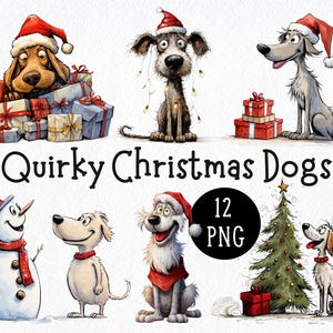 Paquete de imágenes prediseñadas de perros navideños extravagantes / 12 perros lindos y divertidos PNG / Fondos transparentes / Uso comercial / Gráficos festivos / Creación de tarjetas