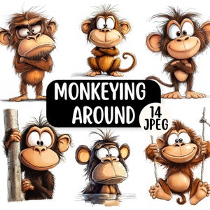 Niedliches Affen Cartoon Clipart Bundle, lustiges Affe JPEG Designs, kommerzielle Nutzung Wunderliches Tier Clipart für Kinder, niedliches Dschungeltier