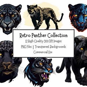 Retro Panther Clipart Bundle | 12 High Quality Transparent PNG Files | Digital Paper Craft | Panther Sublimation Designs