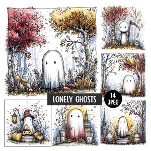 Op de afbeelding: Een verzameling aquarel illustraties met grillige geesten in verschillende herfsttaferelen. De afbeeldingen tonen geesten in bossen, bij grafstenen en met Halloween-thema accessoires. De tekst "Lonely Ghosts" is zichtbaar.