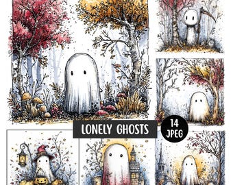Paquete de imágenes prediseñadas de fantasmas adorables para Halloween (14 imágenes JPEG), arte imprimible de fantasmas otoñales para la temporada de Halloween, papeles digitales de Halloween con un toque caprichoso para uso comercial.