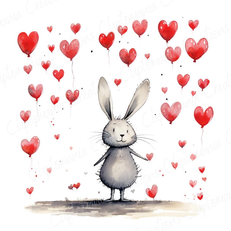Puede incluir: Una ilustraci&oacute;n de acuarela de un conejo gris de pie frente a un fondo blanco con globos rojos en forma de coraz&oacute;n flotando a su alrededor.