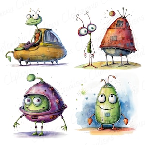 May include: Four cartoon illustrations of aliens in various poses. The first alien is green and riding in a yellow spaceship. The second alien is green and has a red body with a large head. The third alien is green and has a purple body with a large head. The fourth alien is green and has a green body with a large head.