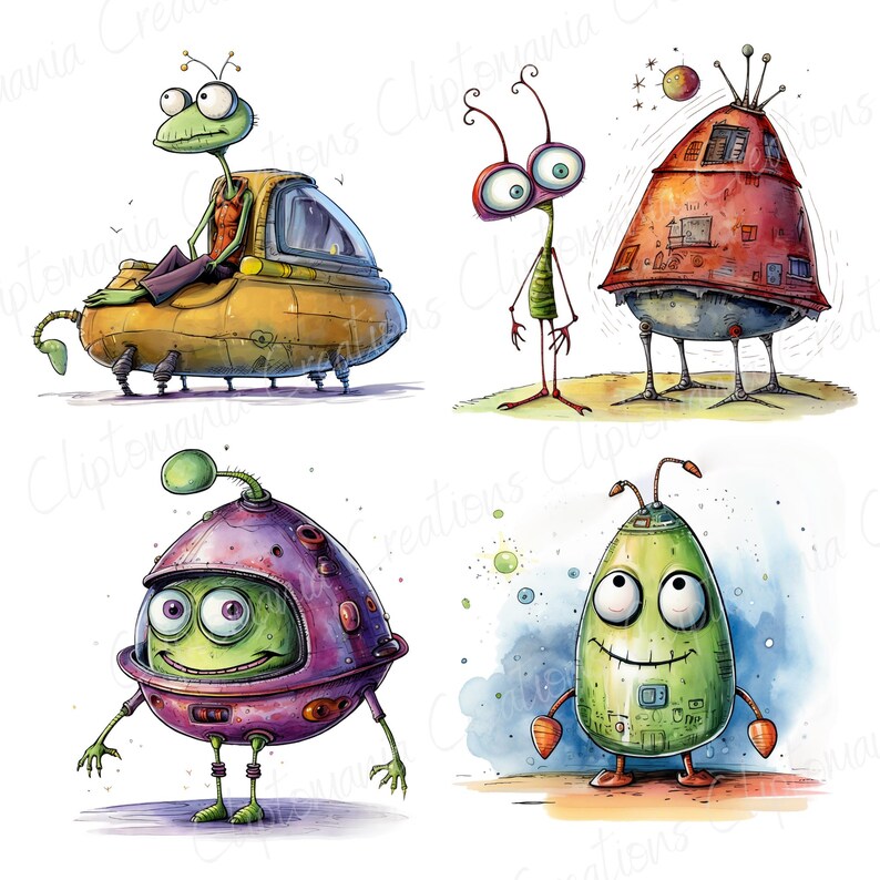 May include: Four cartoon illustrations of aliens in various poses. The first alien is green and riding in a yellow spaceship. The second alien is green and has a red body with a large head. The third alien is green and has a purple body with a large head. The fourth alien is green and has a green body with a large head.