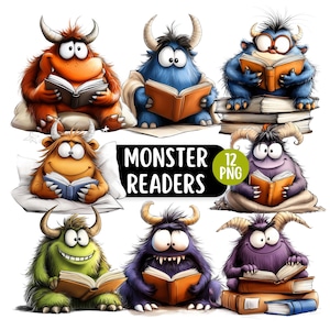 Könnte beinhalten: Eine digitale Illustration mit neun bunten Cartoon-Monstern, die Bücher lesen. Die Monster haben verschiedene Farben, darunter Orange, Blau und Lila. Der Text "MONSTER READERS" und "12 PNG" ist enthalten.