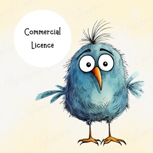 May include: A watercolor illustration of a blue bird with a surprised expression. The bird has large white eyes, an orange beak, and orange feet. The image includes the text "Commercial Licence" in a white circle.