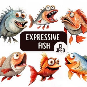 Pacote de clipart engraçado expressivo de peixes 12 JPEG | Clipart engraçado de carpa | Uso comercial | Clipart engraçado de pesca | Peixe aquarela para impressão