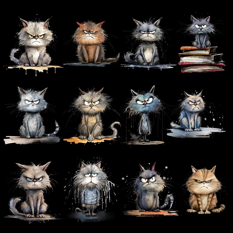 Paquete de imágenes PNG de gato gruñón divertido, fondos transparentes, uso comercial, gráficos de gato enojado divertido imagen 11
