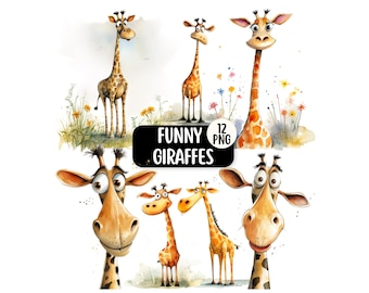 Bundel met grappige giraf aquarel clipart | Safari-png-ontwerpen (digitale download)