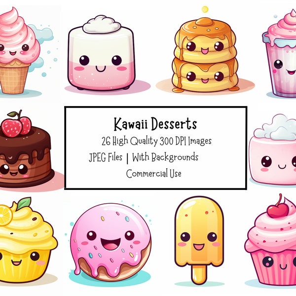 Cute Kawaii Dessert Clipart Bundle | 26 High Quality JPEG Files | Pastel Sweet Treat Illustrations | Commercial Licence