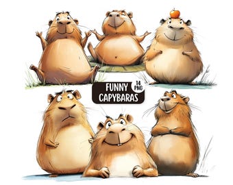 Cute & Funny Capybara Clipart Bundle 14 PNG Designs | Commercial Use | Digital Download