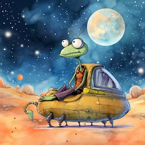 May include: A green alien with large eyes sits in a yellow spaceship with a large window. The spaceship has three legs and is on a red planet with a large moon in the background.