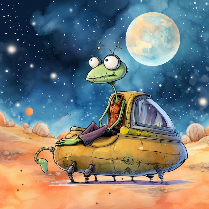 May include: A green alien with large eyes sits in a yellow spaceship with a large window. The spaceship has three legs and is on a red planet with a large moon in the background.