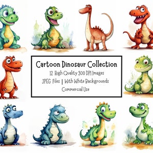 Paquete de imágenes prediseñadas de dinosaurios de dibujos animados lindos y divertidos / 12 ilustraciones JPEG de alta calidad con fondos blancos / Uso comercial / Fabricación de tarjetas