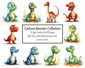 Cute & Funny Cartoon Dinosaur Clipart Bundle | 12 High Quality JPEG Illustrations With White Backgrounds | Commercial Use | Card Making