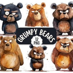 Lustiger Grumpy Bear Clipart Bundle 12 PNG Designs | Transparente Hintergründe | Junk Journal | Digitales Papiermodell | Wütende Bären | Kartenherstellung