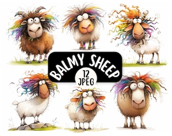 Cute And Funny Rainbow Sheep Clipart Bundle JPEG | Whimsical Sheep | Funny Farm Animal Clipart For Card Making Junk Journal DIY Crafts